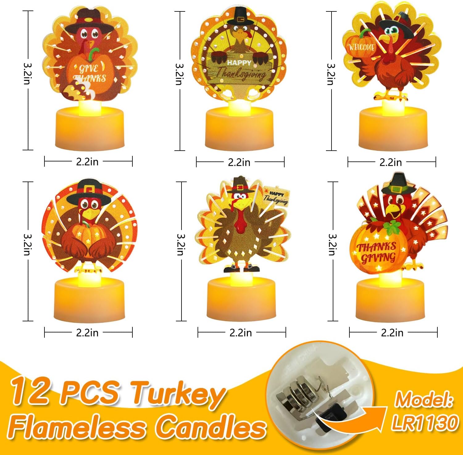 Thanksgiving Table Decorations,12 PCS Turkey Tea Lights Flameless Candles Battery Operated Indoor LED Candles for Fall Tables Decor Gifts