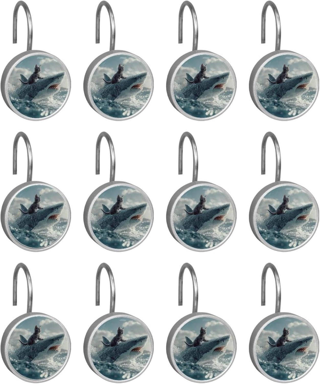 Funny Cat Riding Shark Ocean (2) Round Crystal Glass Decorative Shower Curtain Hooks with 3D Pattern Visual, Rust Proof Shower Curtain Rings-12 Pack