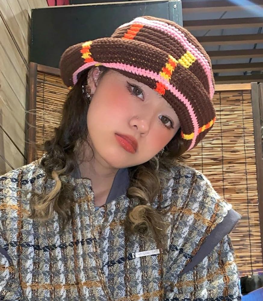 Women Crochet Bucket Hat Handmade Cloche Hat Knitted Beanies Floppy Fishing Hat Striped Outdoor Rainbow Color Hat