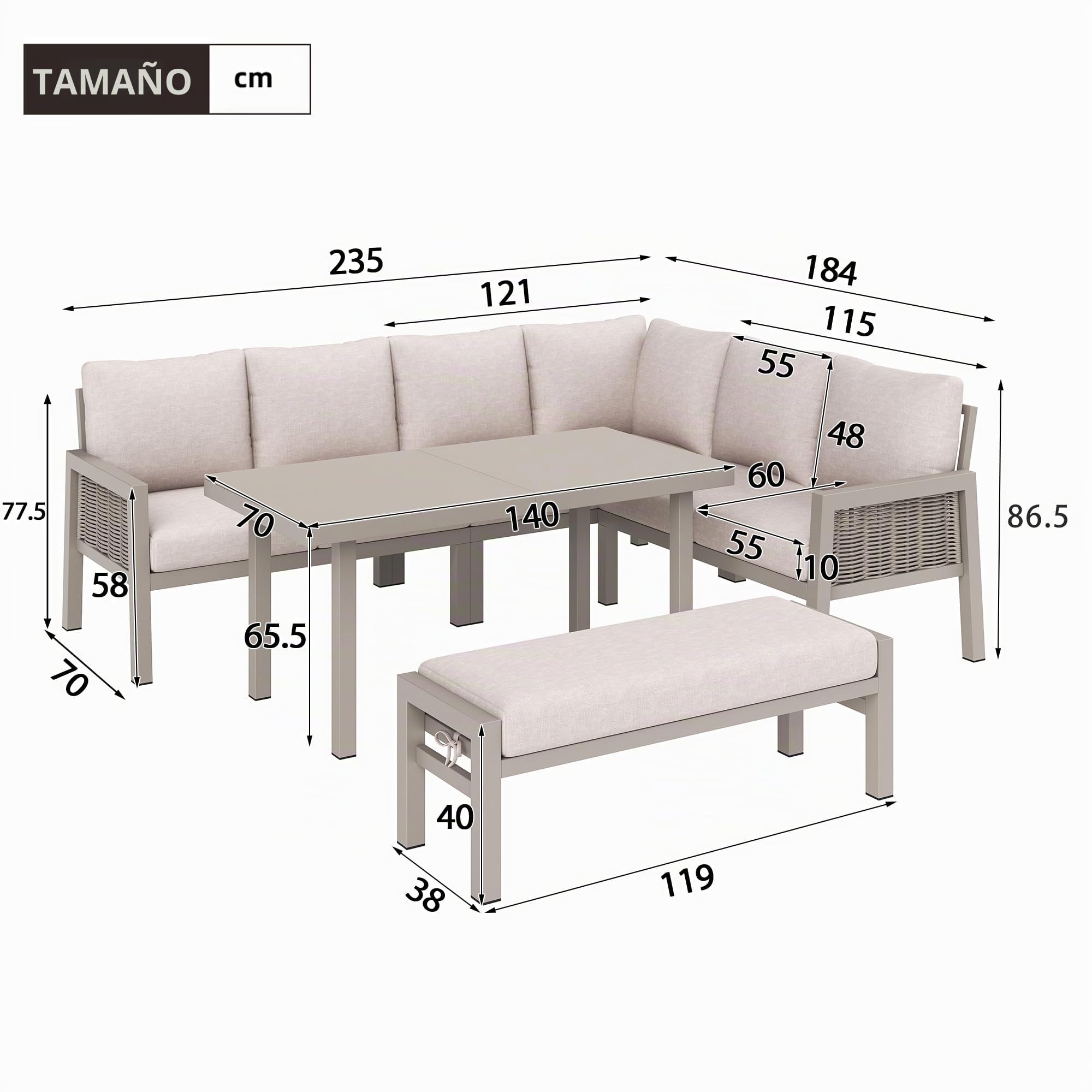 Conjunto de Comedor de jardín para 8 Personas, salón de Esquina y Banco con Mesa, Juego de Muebles de jardín para Exteriores, Trenzado de Polietileno, Acero galvanizado Rosa Claro