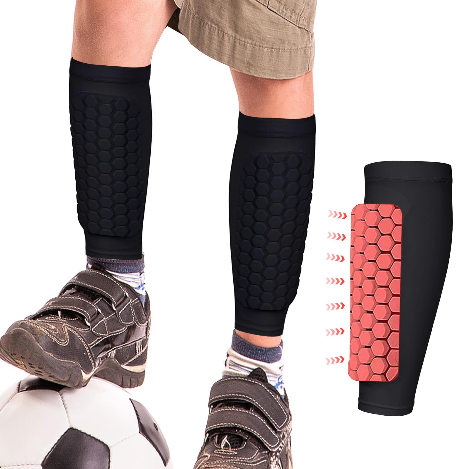BoloShine 1 Pair Football Shin Pads Boys, Breathable Professional Calf Protective Shin Guards with Foam Padding, Shin Defender for Sports Soccer Rugby Hockey Kids Girls Adult Men Women (Black) — image 1