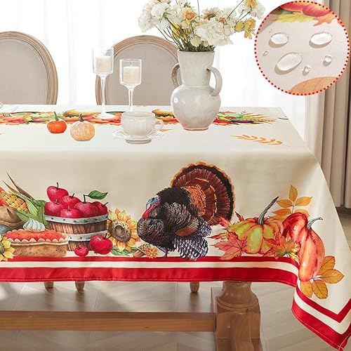 SASTYBALE Mantel rectangular de Acción de Gracias, a prueba de derrames, con estampado de pavo y calabaza, mantel decorativo para otoño, cosecha y