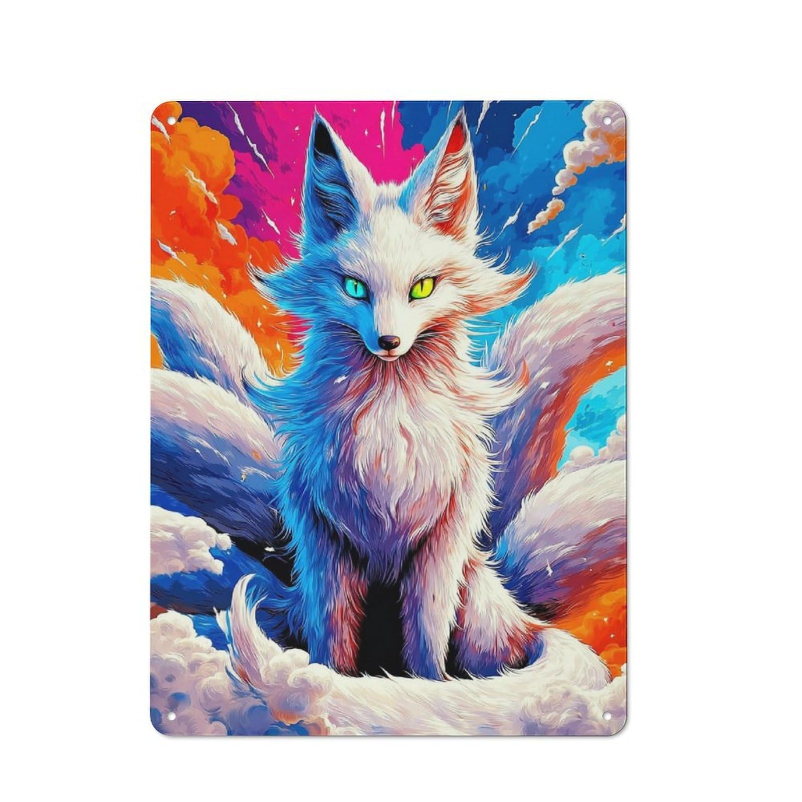 Colorful Fantasy Fox in Clouds Vintage Metal Wall Decor 40x30cm, Tin Wall Sign for Restaurant, Kitchen, Counter Or Breakfast Nook