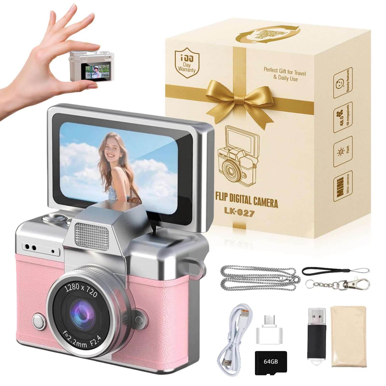 vintage mini digital camera retro mini digital video keychain camera small bodycam 1080p hd 0.96" ips screen type-c 64g card included portable for photography enthusiasts travel (pink)