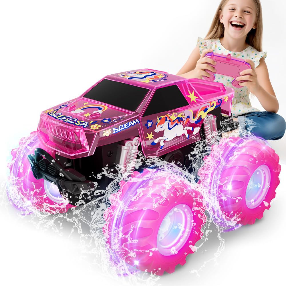 Drefirsa Pink Monster Truck, Unicorn Remote Control Car, 4WD All Terrain Off-Road Girl RC Truck with Colorful Light, Waterproof Remote Car Toy for 6 7