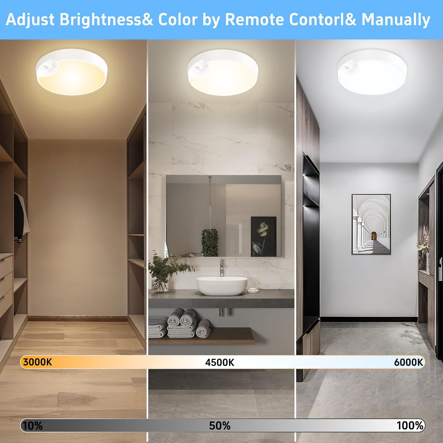 Motion Sensor Light Indoor - 3 Colors Battery Operated Wireless Ceiling Lights, 400LM Closet Lights Motion Sensored for Closet Stairs Bathroom Hallway Garage Porch Kitchen