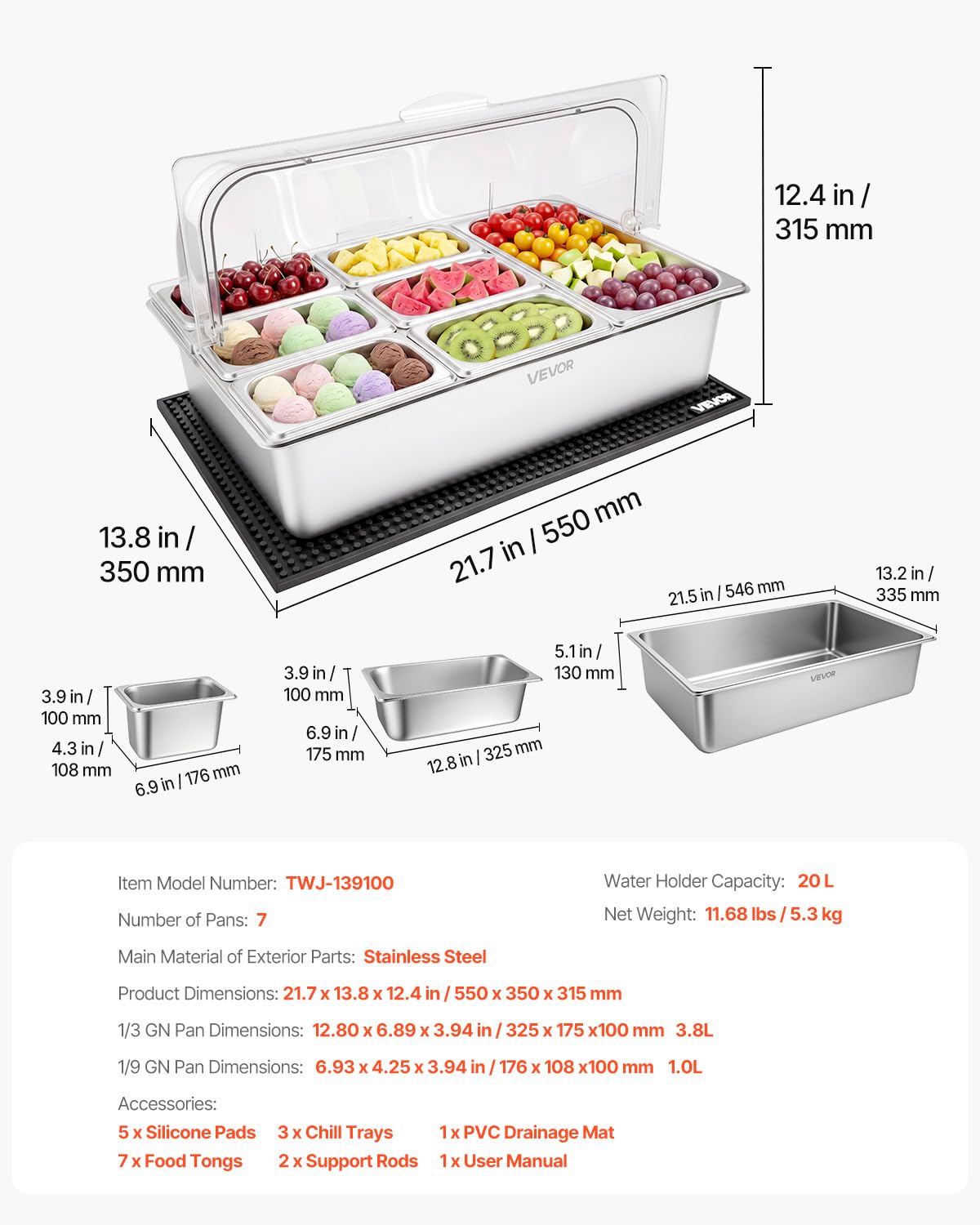 VEVOR Saladette à Poser, Vitrine Réfrigérée à Ingrédients en Inox, pour Fruits Buffet Froid Hôtel Restaurant Bar, Station de Garnitures avec 7 Bacs GN 1x1/3 et 6x1/9, Couvercle Rabattable Transparent