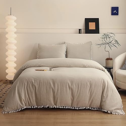 Simple&Opulence Juego de funda de edredón de lino bohemio con flecos de borlas, juego de edredón de mezcla de algodón de lino de 3 piezas, 1 funda