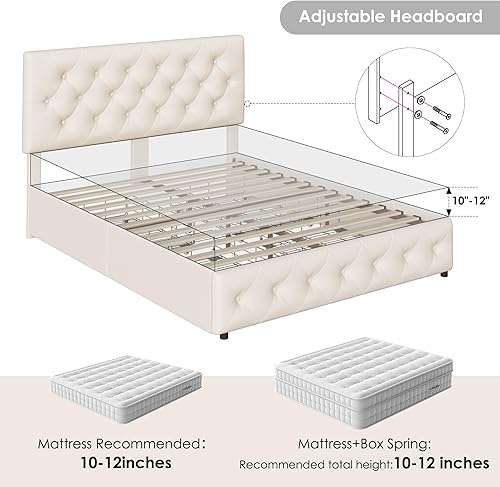 Miniatura 30 de Keyluv Moderna base de cama tapizada con 4 cajones de almacenamiento, plataforma de piel sintética con cabecera capitoné con botones, soporte de