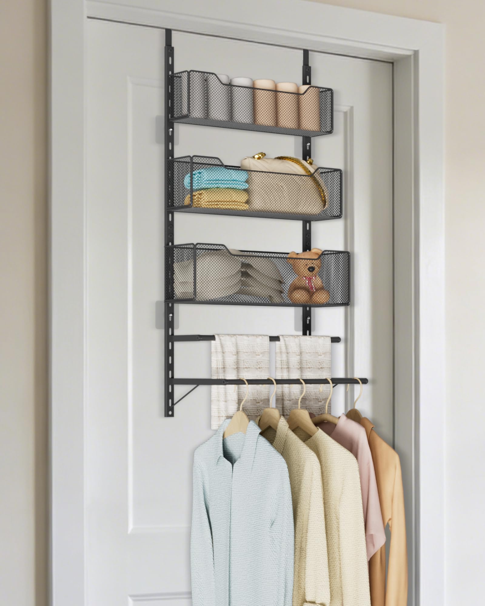 Photo 1 of VyGrow Over The Door Clothes Hanging Rod with 3 Tier Mesh Baskets, Metal Over The Door Hanger for Coat, Clothes Drying Rack for Door for Laundry Bathroom Bedroom Office, Black