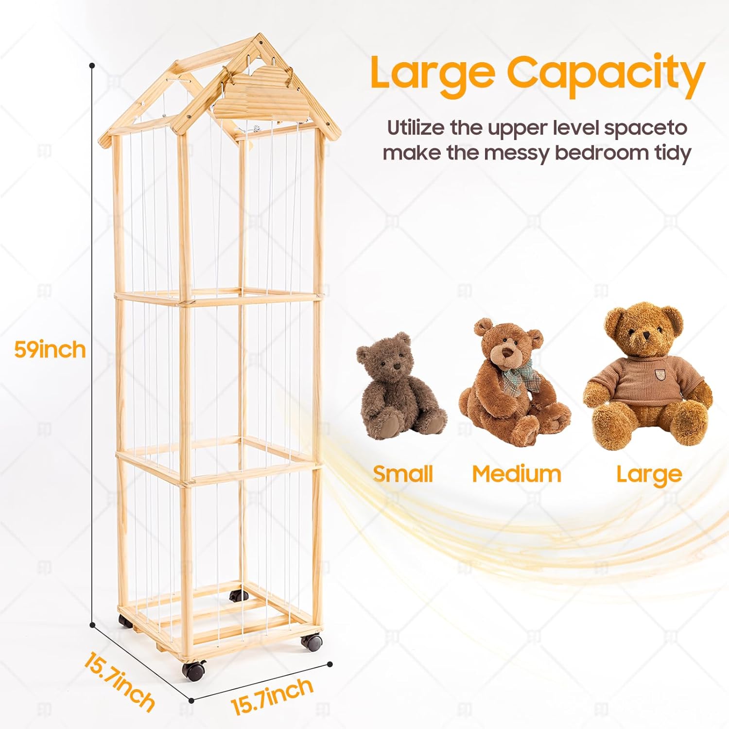 Stuffed Animal Storage,Stuff Animal Organizer Display Wood Zoo Animals Toy Holder with Length Adjustable,360° Swivel Wheels Simple Installation for Nursery Play Room Bedroom - Image 2
