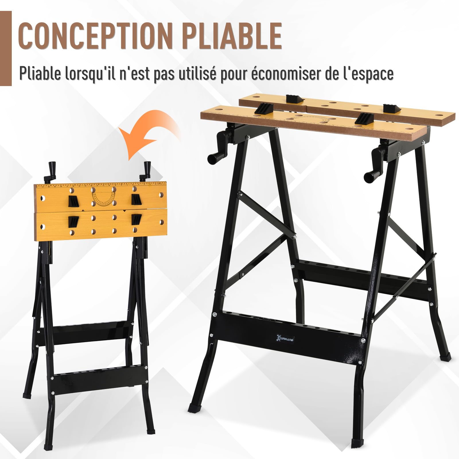 DURHAND Établi pliant établi de serrage avec 4 serre-joints table de travail chevalet de sciage, charge 100 kg, structure en acier, plan de travail pour chantier atelier garage, 62,5x60,5x78,5cm, noir