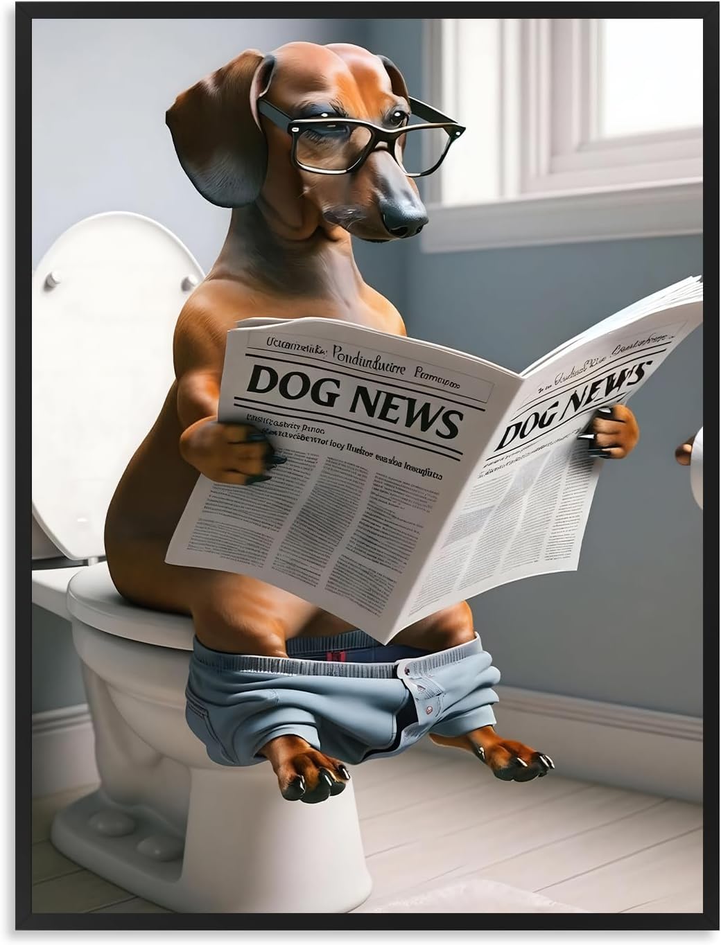 Dazzlewall Funny Bathroom Canvas Picture Dog on Toilet Wall Art Funny Doberman Wall Art with Toilet Dog News Painting Decor for Bathroom Home Bedroom 12 x 16 Inches