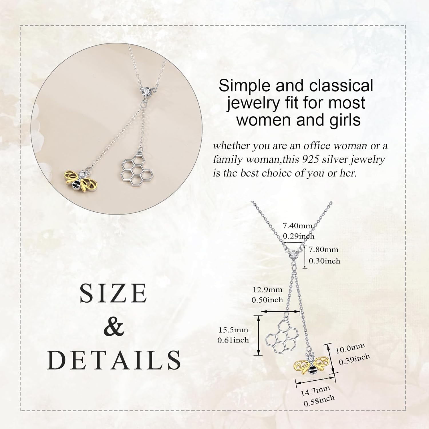 Bee Necklace Sterling Silver Honeycomb and Bee Pendant Necklace y-Necklace Jewelry Gifts for Women - Image 5