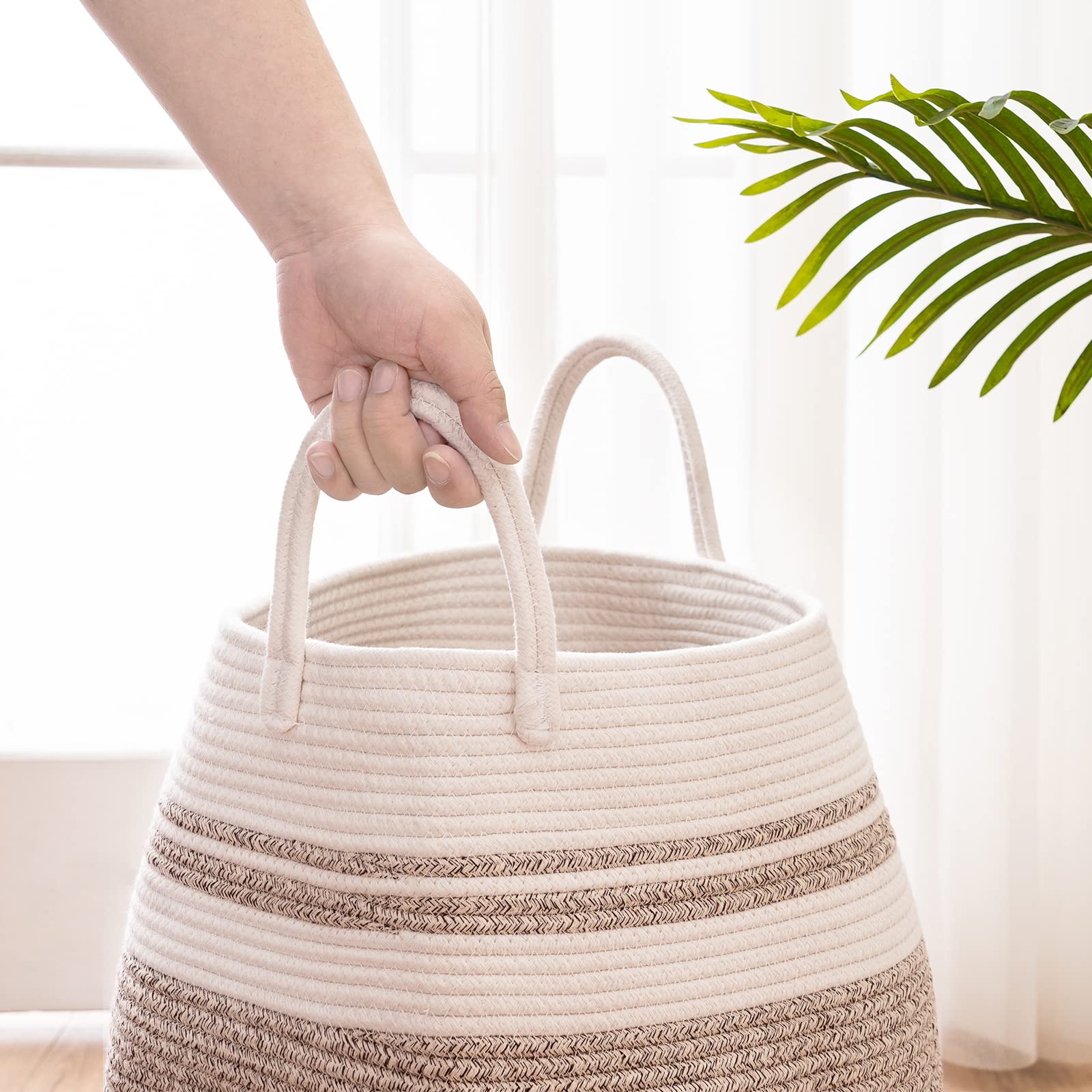 Extra Large Laundry Hamper Basket by Fiona's magic, 105L Woven Tall Clothes Hamper for Storage Blanket, Toys and Dirty Cothes in Bedroom and Living Room Organizer, Brown & White