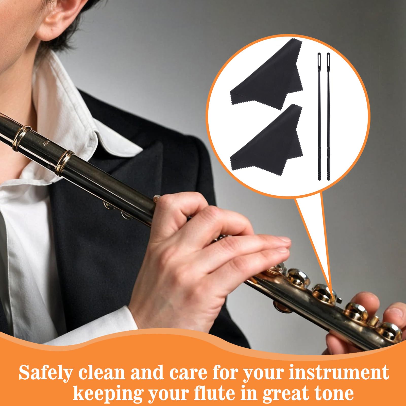 Yuanchu Flute Cleaning Kit, 2 Flute Cleaning Rods and 2 Pack Cloth Clean Swabs Musical Instruments Polishing Cloth Cleaner Accessories
