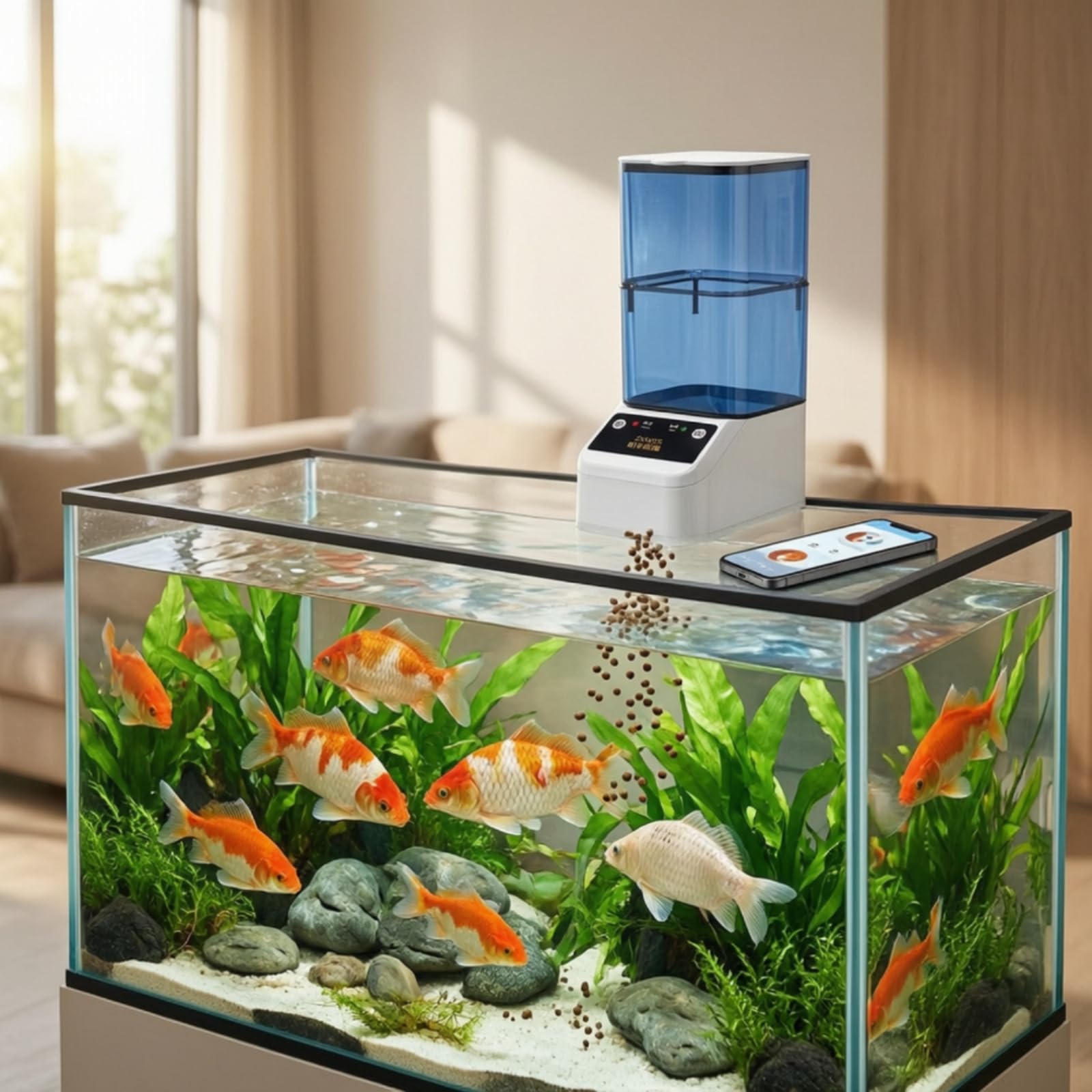 rockible Distributeur Nourriture avec Minuterie Connecté Distributeur Nourriture avec Câble Gran Capacité pour Aquarium, Blanc, 2000ml WiFi Double Alimentation