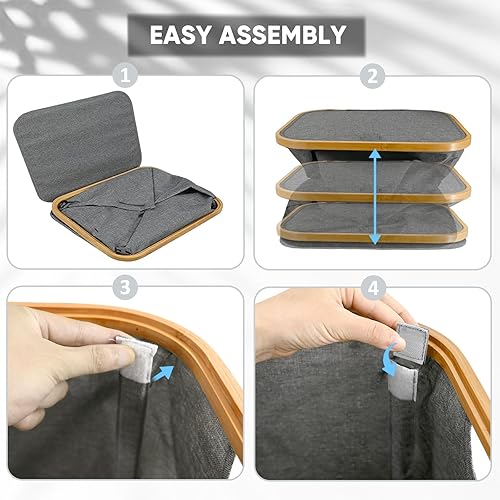 Miniatura 5 de BALEINE Cesta de lavandería con tapa, cestas altas para la ropa sucia con asas de bambú, contenedor grande para la ropa sucia con soporte interno