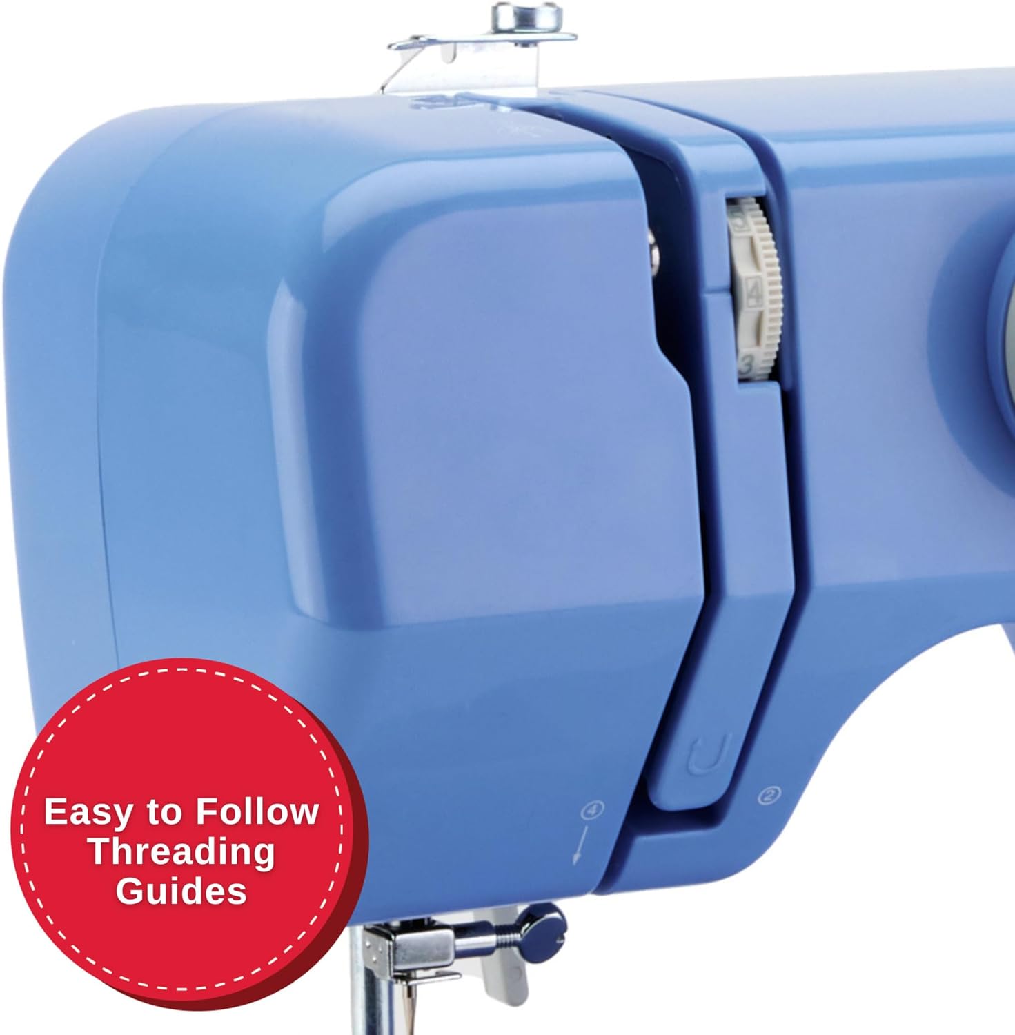 Close-up of the SINGER M1000 showing easy-to-follow threading guides