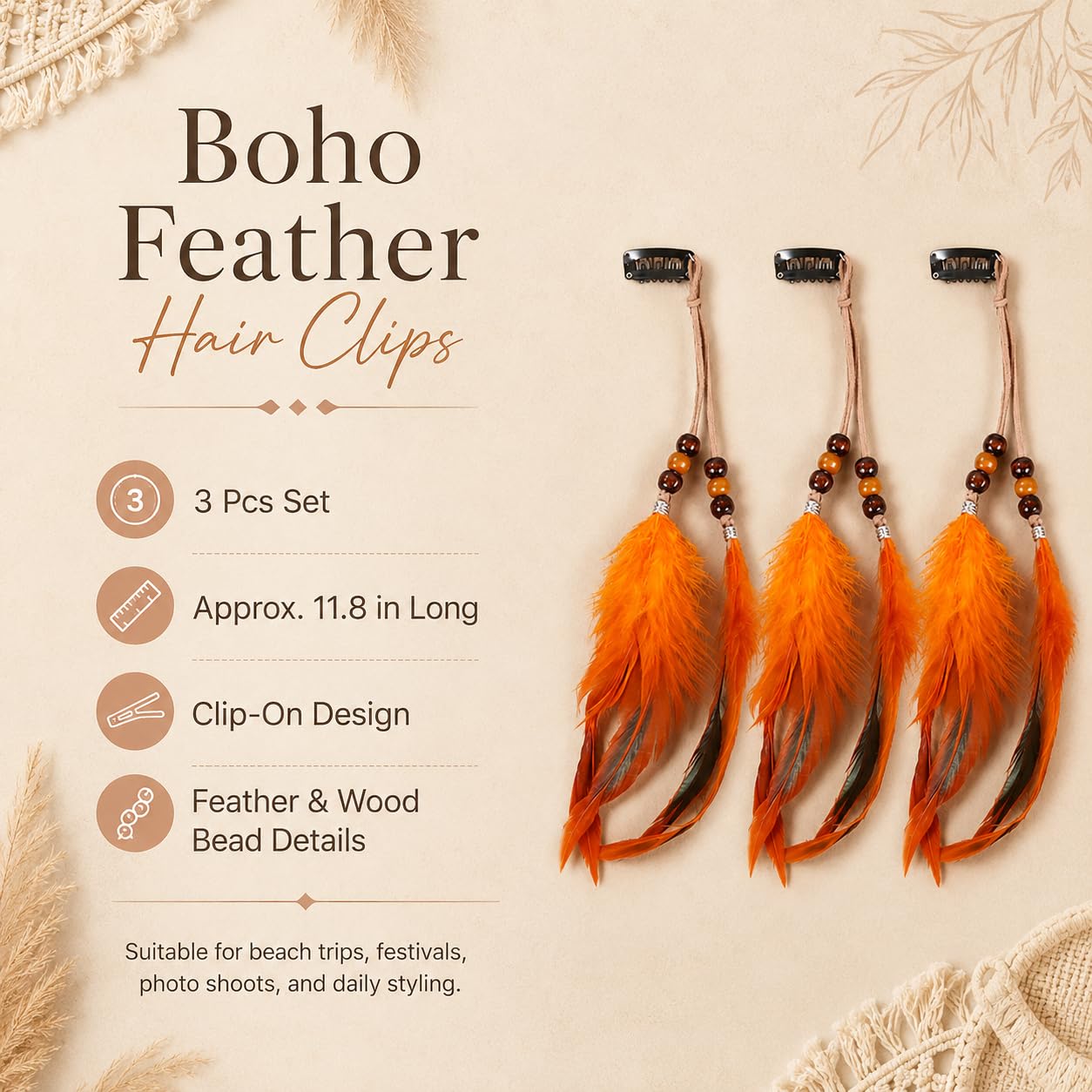 3 PCS Orange Feathers Hair Clips, Boho Long Tassel Barrettes image 4