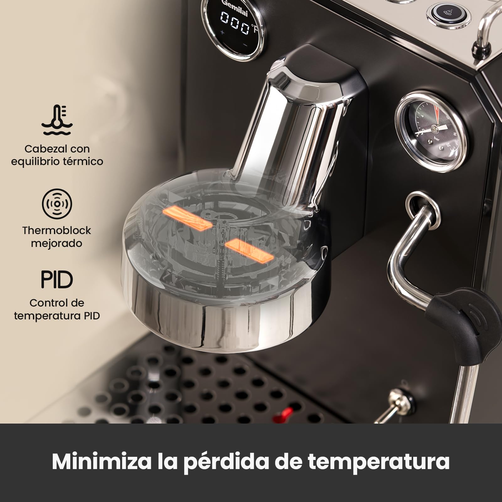 Gemillai Owl G3006, cafetera espresso doméstica, cabezal de grupo comercial de 58 mm y control de temperatura PID, cafetera de acero inoxidable para latte art de calidad barista, expositor, negro