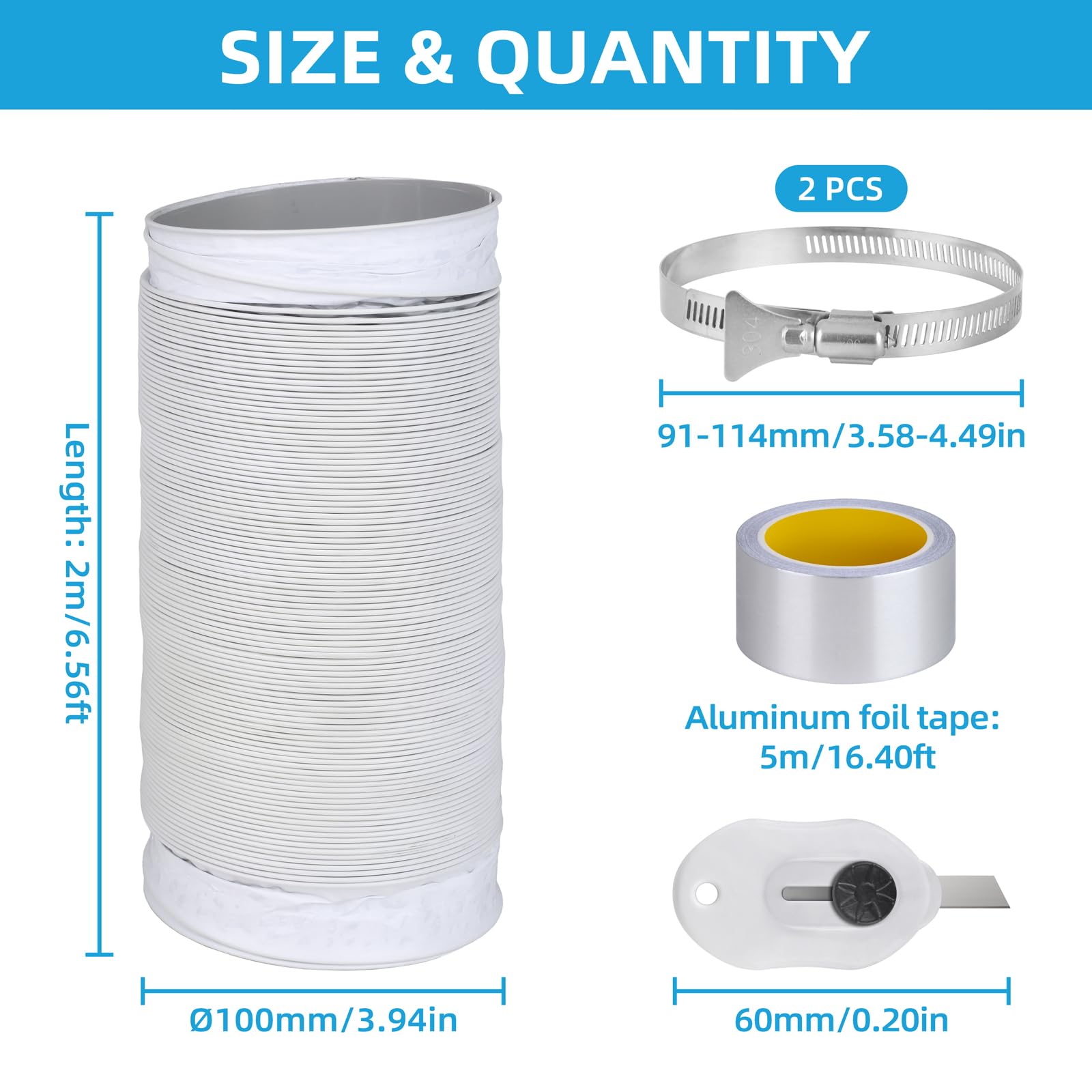 Tubo Flexible Campana Extractora de 100mm: 2m Manguera de Ventilación de Aluminio y PVC, Tubo Flexible de Salida de Aire con 2 Abrazaderas de Acero Inoxidable para Climatización Secadora (Blanco)
