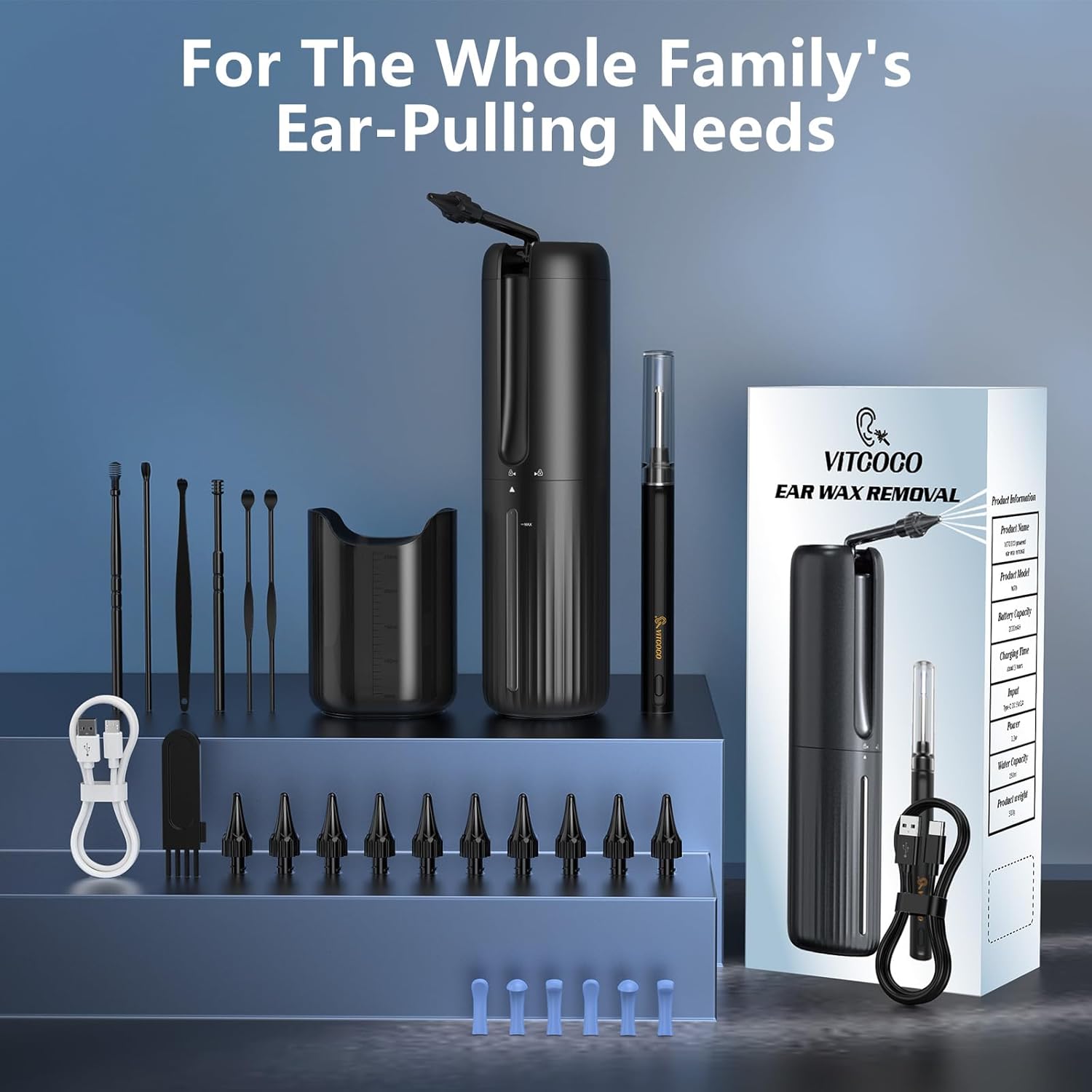 All components of the VITCOCO Ear Wax Removal Kit laid out, including the main irrigator, otoscope, nozzles, and cleaning tools.