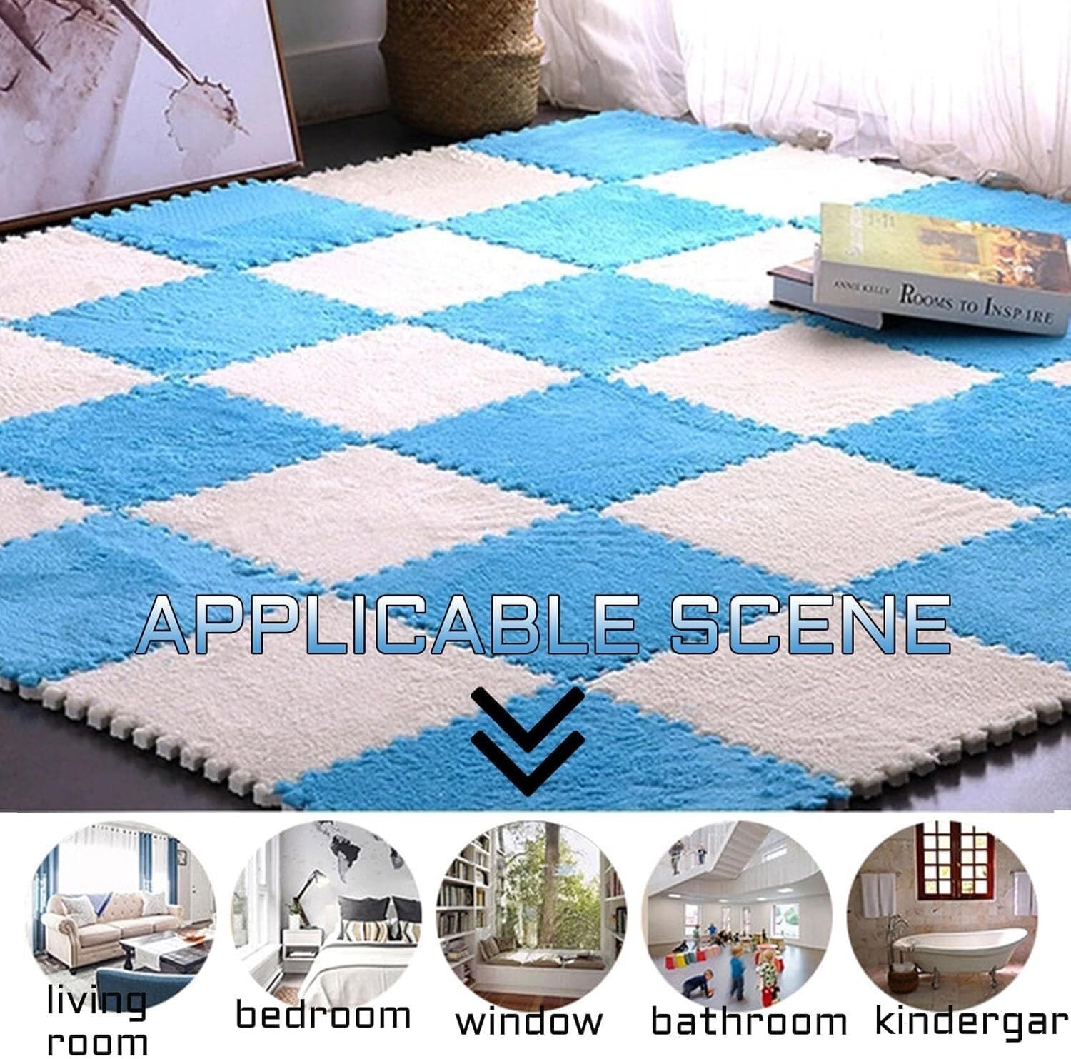 12-teiliges Puzzle Schaumstoffmatten Set rosa weiß, quadratische Flauschige Bodenpuzzlematten als Bodenschutz für Kinderzimmer Innenräume | Dark Blue+light Blue