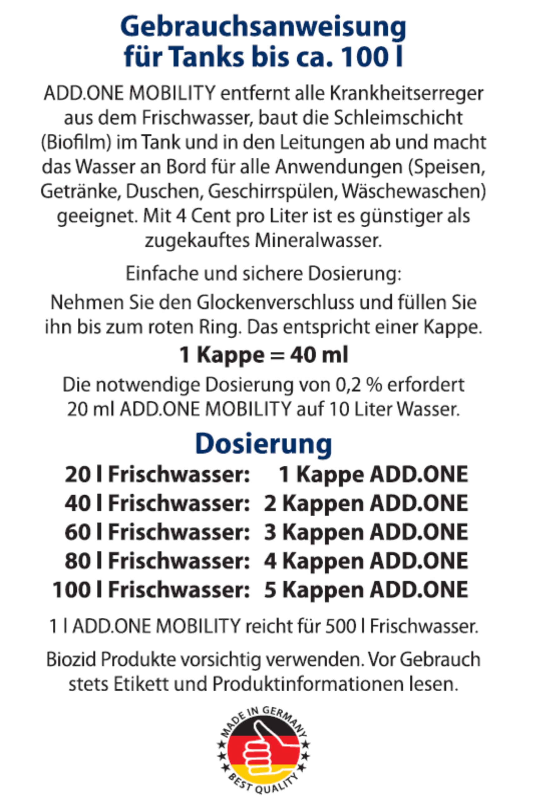ADD.ONE Trinkwasserdesinfektion & Biofilmabbau, 1 L | für Wohnwagen, Camping, Outdoor, Tiere und Boote - genug für 100L - Kein Gefahrenstoff - 100% Geschmacksneutral