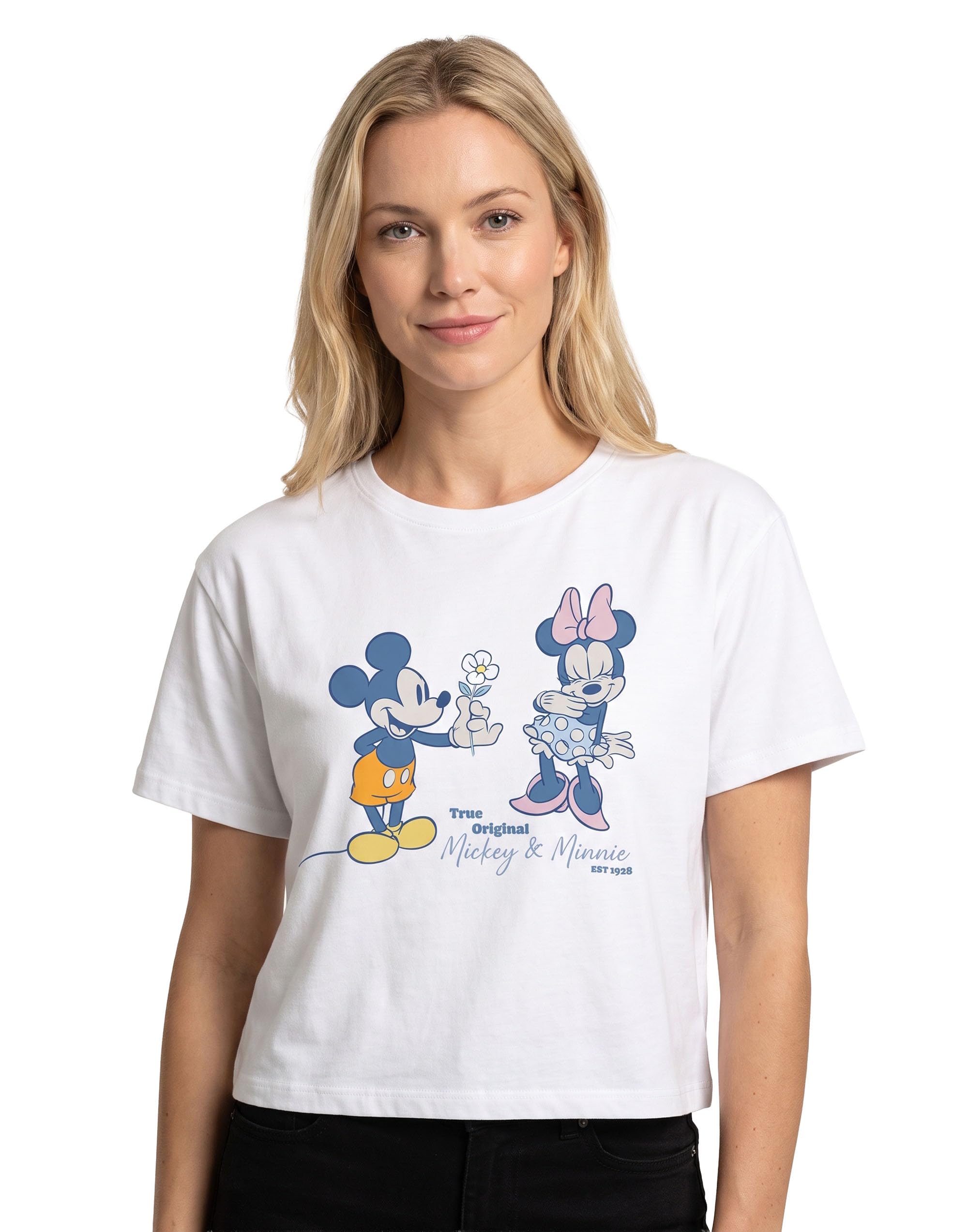 Vanilla Underground Women's White Disney True Original Mickey & Minnie Cropped Short Sleeved T-Shirt - Large