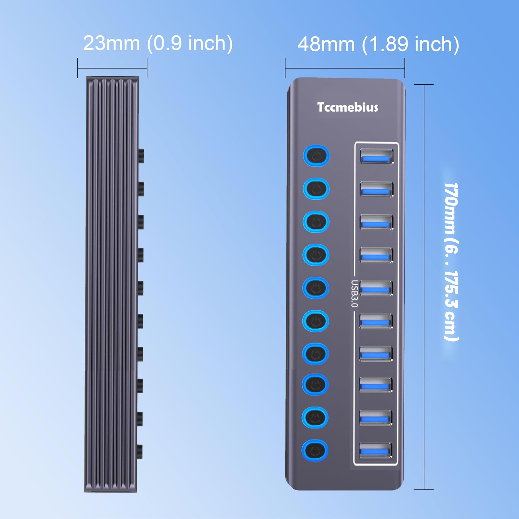 Hub USB 3.0 Alimentato, USB 3.0 / USB C a 10 Porte in Alluminio Trasmissione Dati 5Gbps, con Interruttore Indipendente LED, Adattatore di Alimentazione 12V/3A, 2-in-1 Cavo Dati(TCC-T310U)