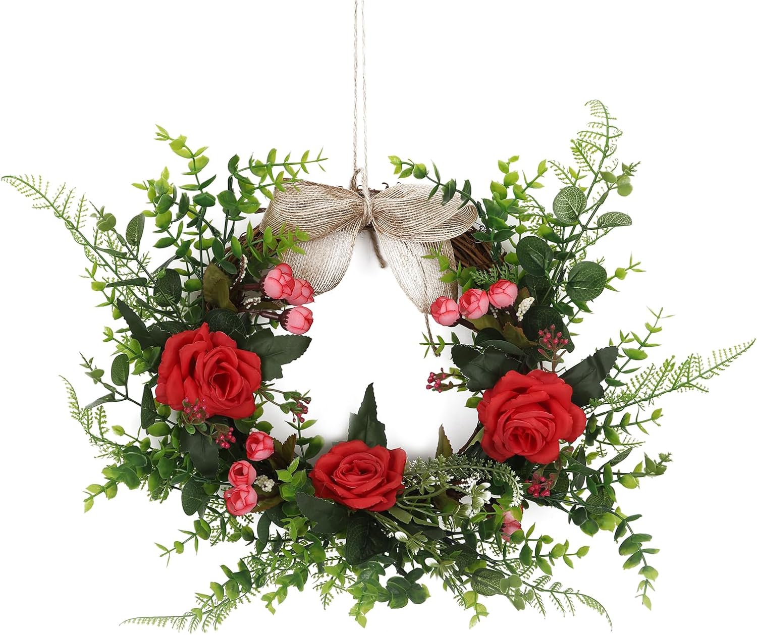 Artificial Red Rose Wreath with Artificial Green Leaves and