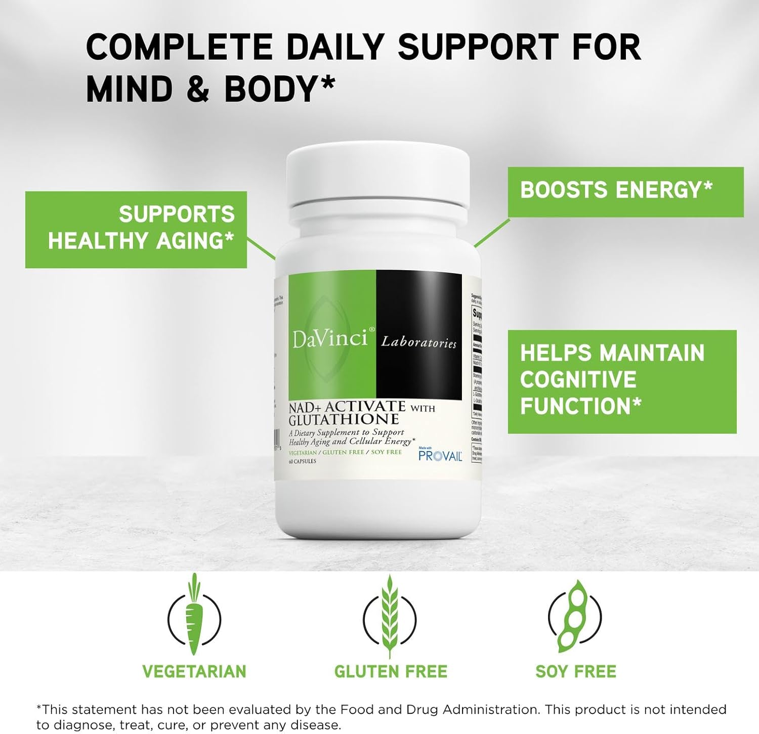DAVINCI Laboratories NAD+ Activate with Glutathione - Cellular Energy Support, Brain Health & Healthy Aging* - Vegetarian, Soy Free & Gluten Free - 60 Capsules (30 Servings)