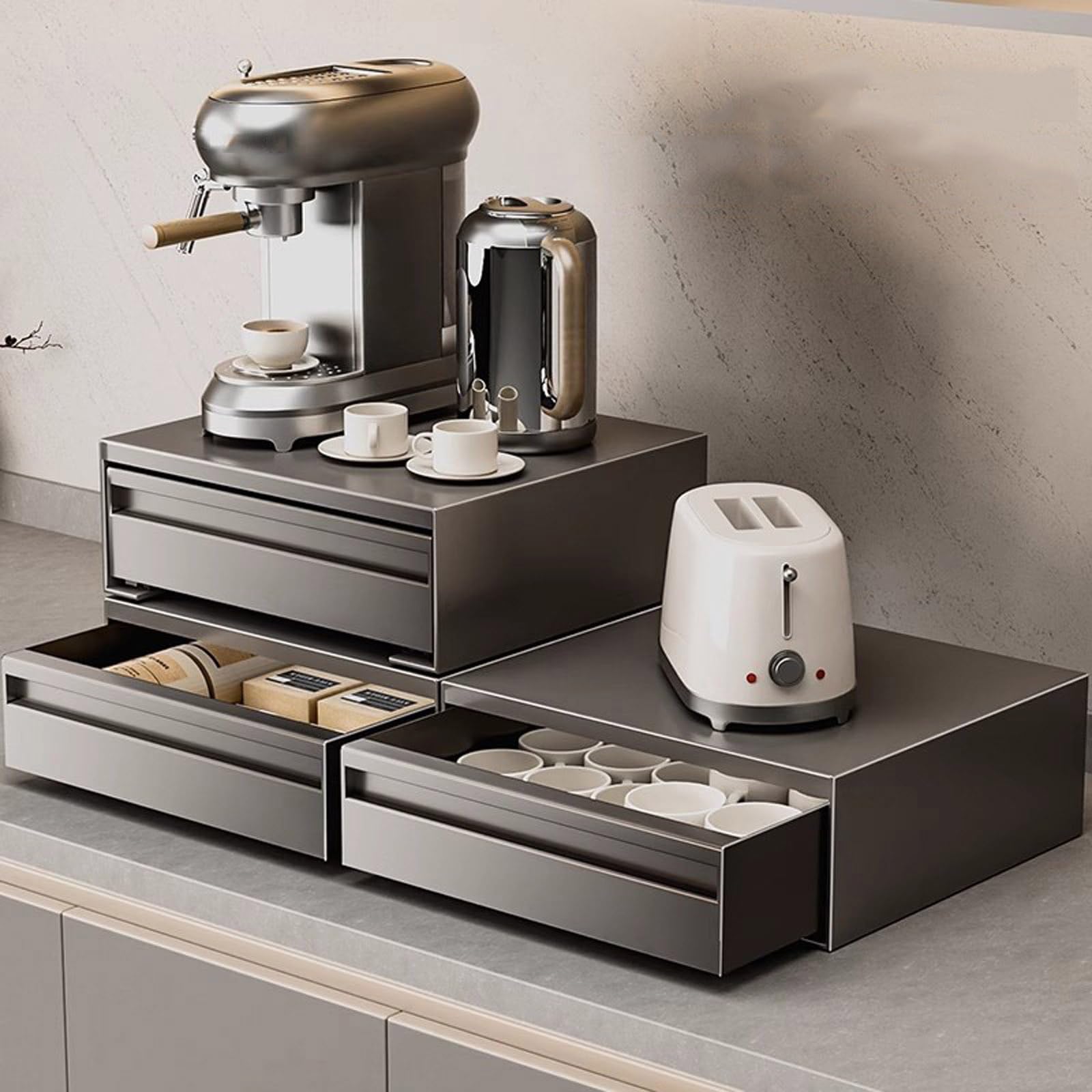 Supporto per microonde in acciaio al carbonio con cassetti estraibili, organizer da banco per microonde compatti, caffetterie ed elettrodomestici da cucina, grigio (44 cm)