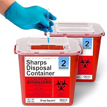 Sharps Containers for Home Use 2 Gallon 2-Pack Needle Disposal, Professional Grade Biohazard Containers