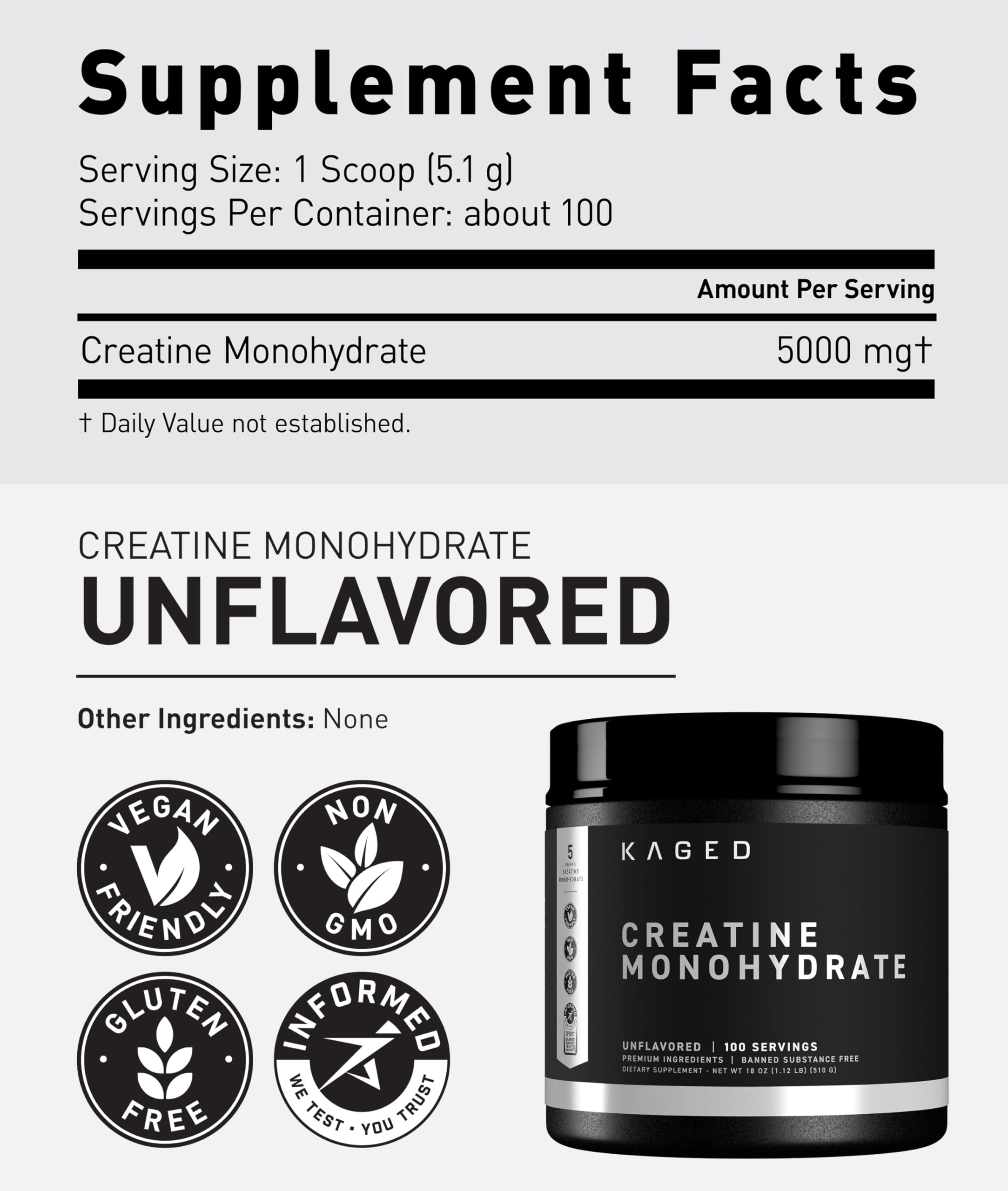 Kaged Creatine Monohydrate Micronized Powder | Unflavored | 100 Servings — Amazon image 2