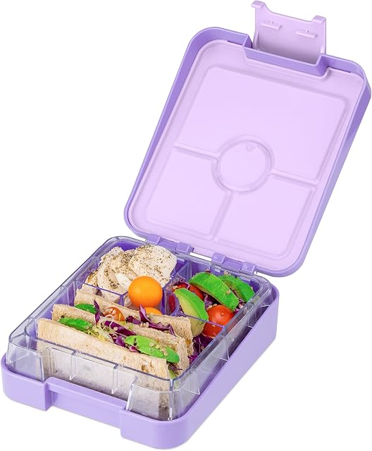 Navaris Bento Box for Kids - Bento Lunch Box for Boys and Girls with 4 Compartments for On the Go, Meal Prep, Snack Packing - Purple
