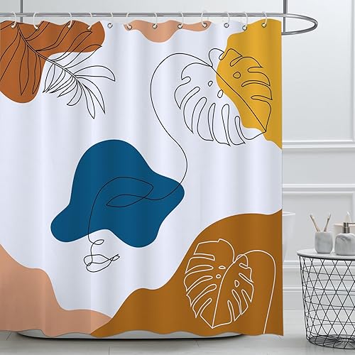 Cortina de ducha bohemia Monstera abstracta naranja para decoración de baño minimalista de mediados de siglo, tela de poliéster impermeable con