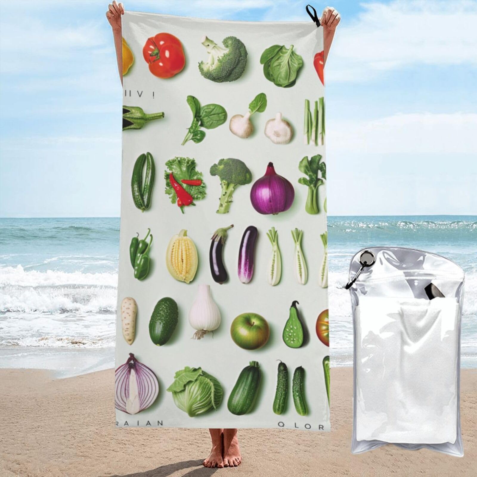kkvhhyuo Microfiber Beach Towel, Introduction of various vegetables Printed Lightweight Quick Dry Travel Bath Sheet with Compact Carry Bag for Swimming Yoga Camping Gym,31.5"x63"