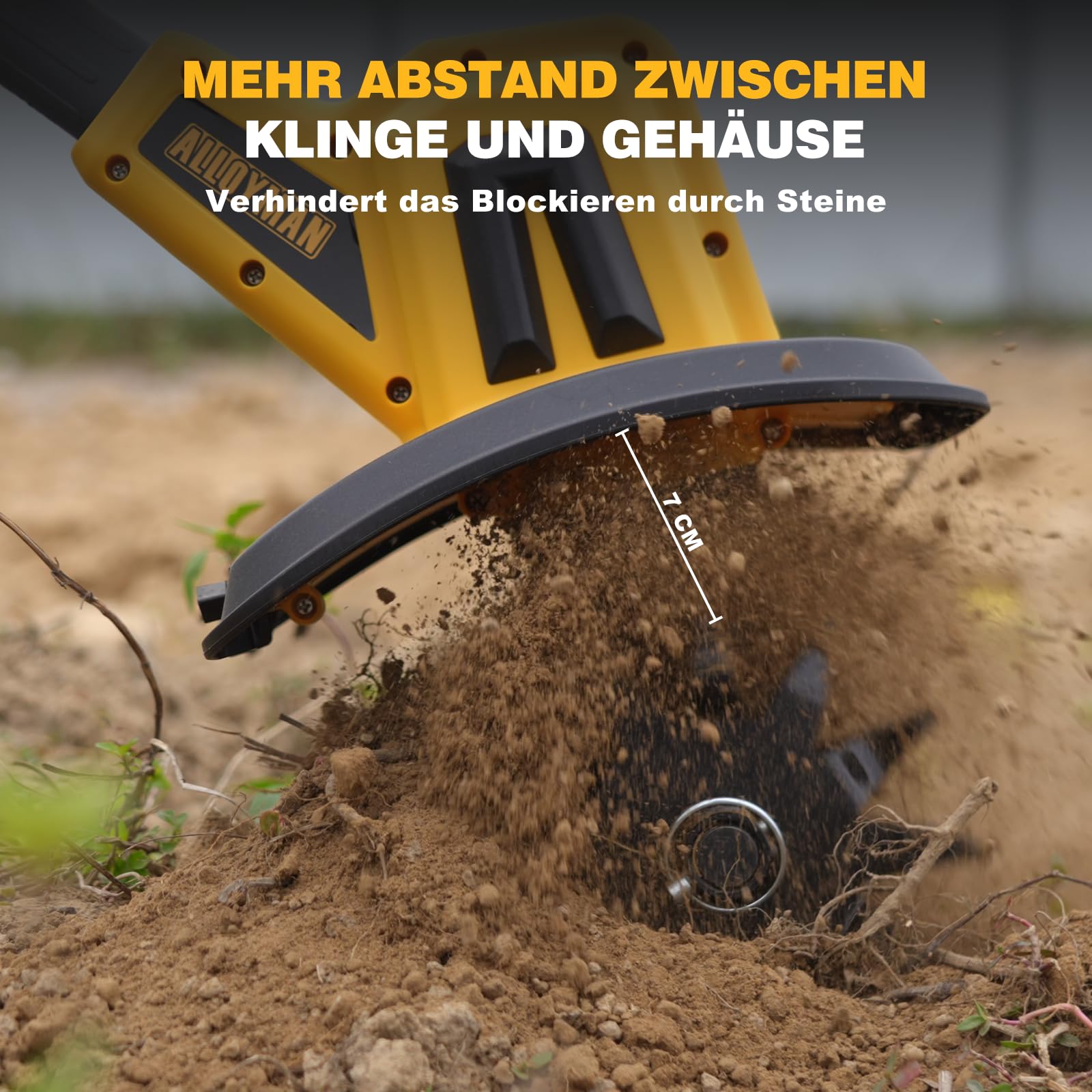 Alloyman 20V MAX Akku Bodenhacke Gartenfräse, 360 U/min Elektro Motorhacke, mit 2 x 4,0 Ah Akkus und Ladegerät, 23 cm Arbeitsbreite, 17 cm Tiefe, mit Schutzschalter, für Rasen/Garten/Bodenbearbeitung