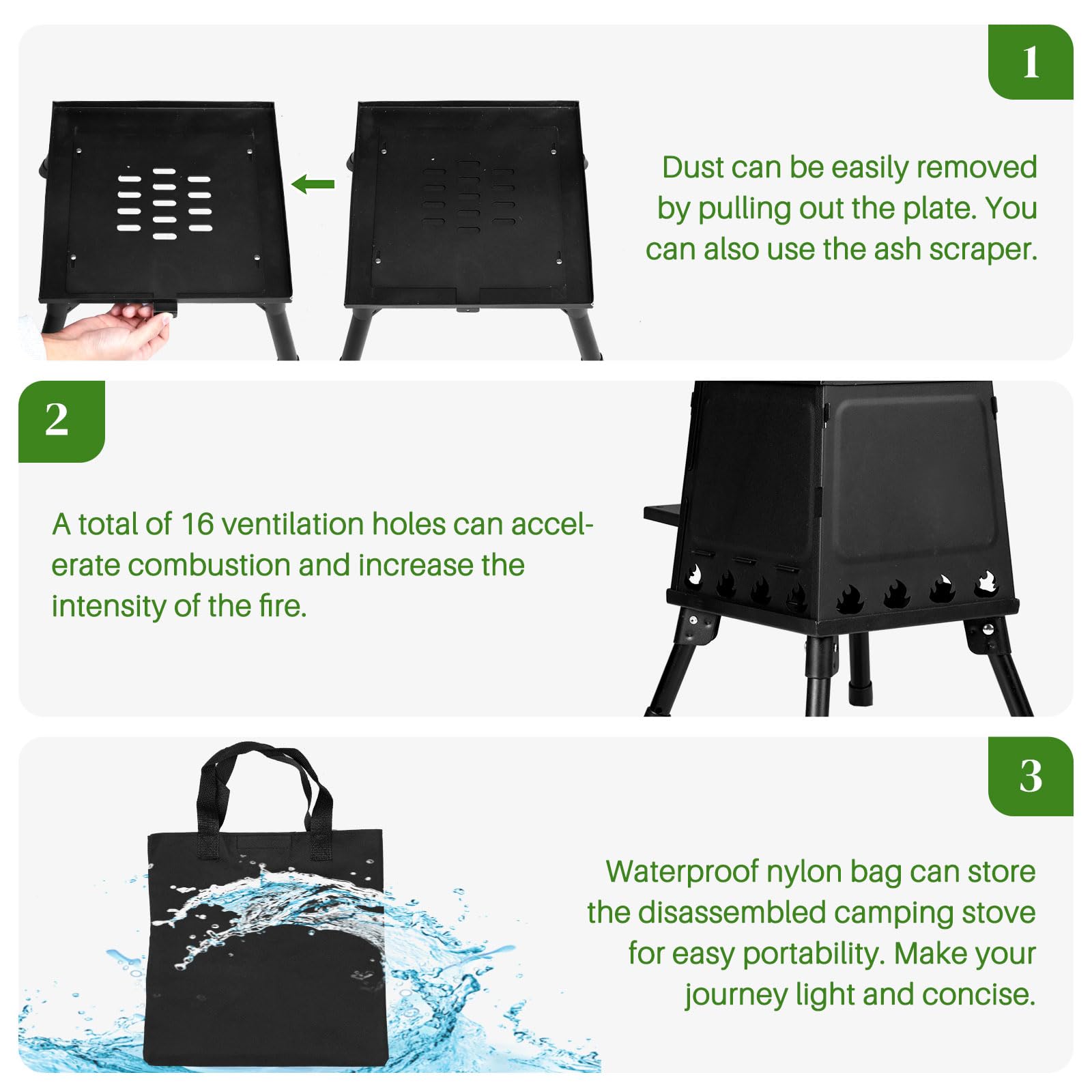 Estufa de leña portátil desmontable de hierro fundido para picnic, caza, pesca, barbacoa, mochilero, senderismo, supervivencia, calefacción, emergencia, cocina al aire libre, con bolsa de transporte