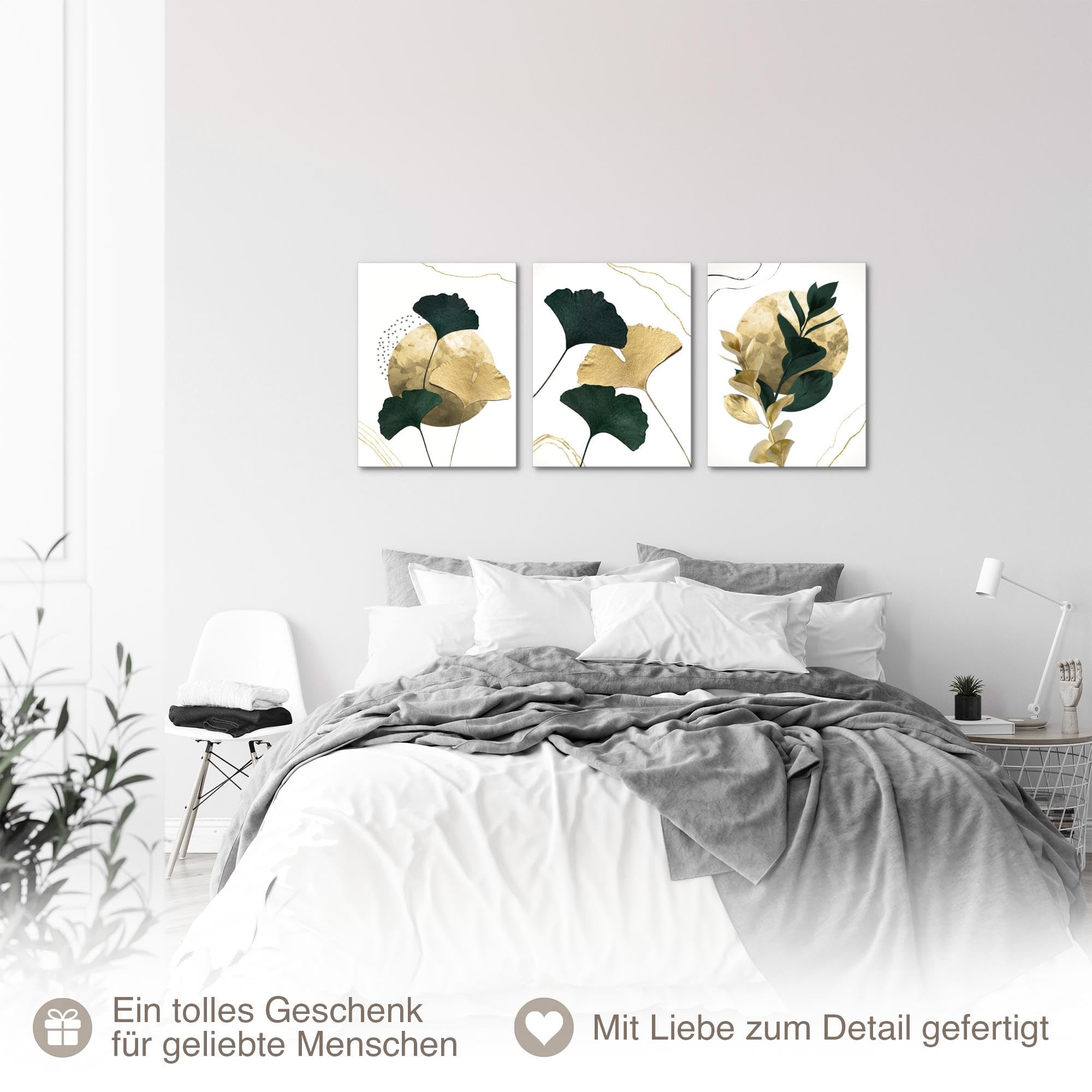 Novart Wandbilder Set Goldene Blätter - KOMPLETT AUFHÄNGFERTIG - Wohnzimmer Schlafzimmer Flur Deko - 3 Moderne Bilder Gelb Frün - N033135b