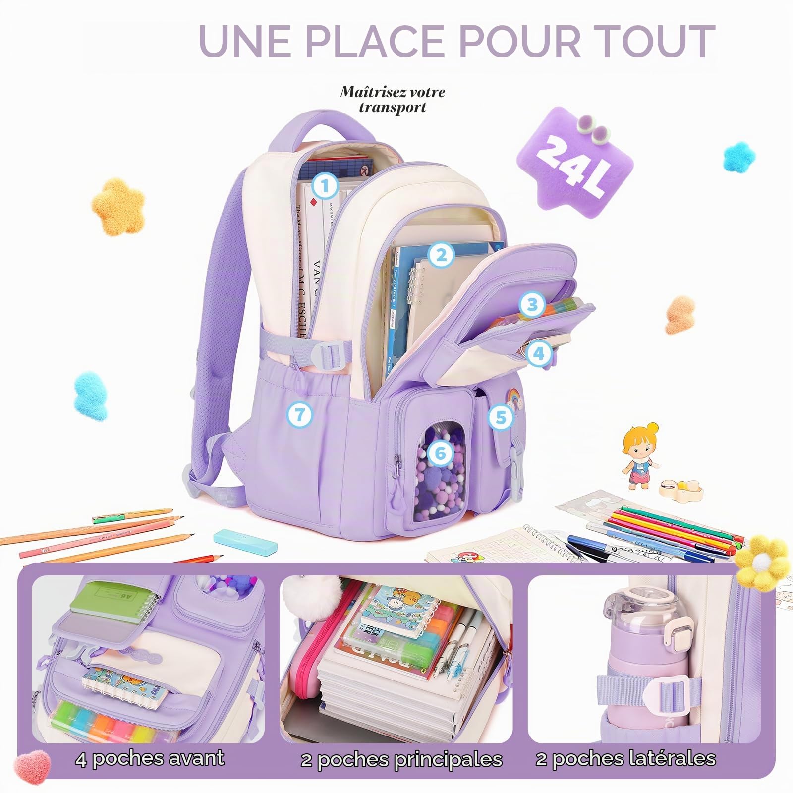Amythe Sac à Dos Fille Kawaii, Cartable Scolaire Ado 24L, Cartable pour Fille Primaire Collège avec Réflecteurs (9-16 Ans), Sac D'école Enfant pour École Voyage et Loisirs, Violet