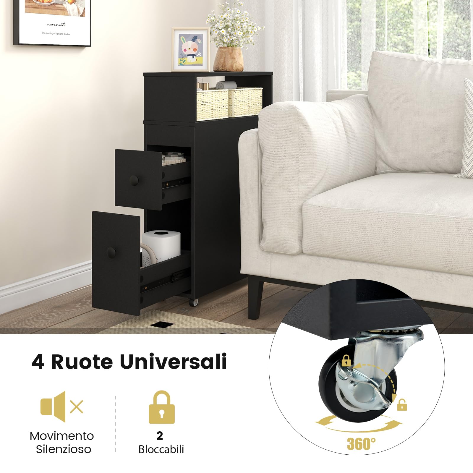 COSTWAY Mobile Bagno 50 x 19 x 72 cm, Arredo Salvaspazio con 2 Cassetti, 2 Cesti in Rattan, Ruote e Ripiani, Armadietto Stretto per Spazi Ridotti, Salotto e Cucina (Nero)