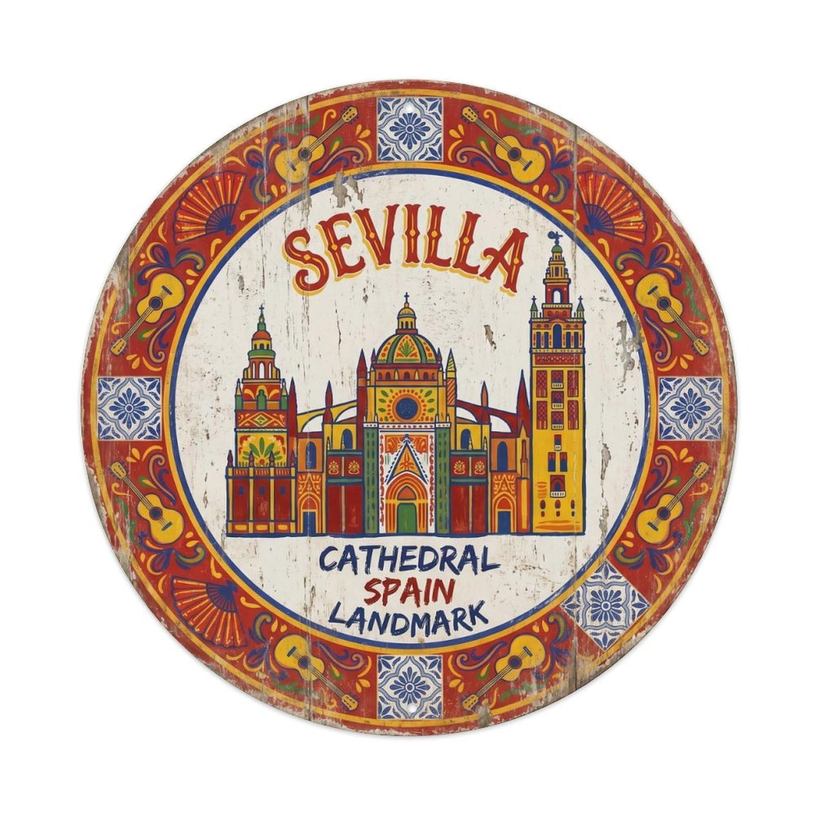 Vintage Travel Cathedral Seville Spain Metal Tin Sign Plaque Wall Decor for Cafe, Club, Garden Round Metal Poster 8x8Inch