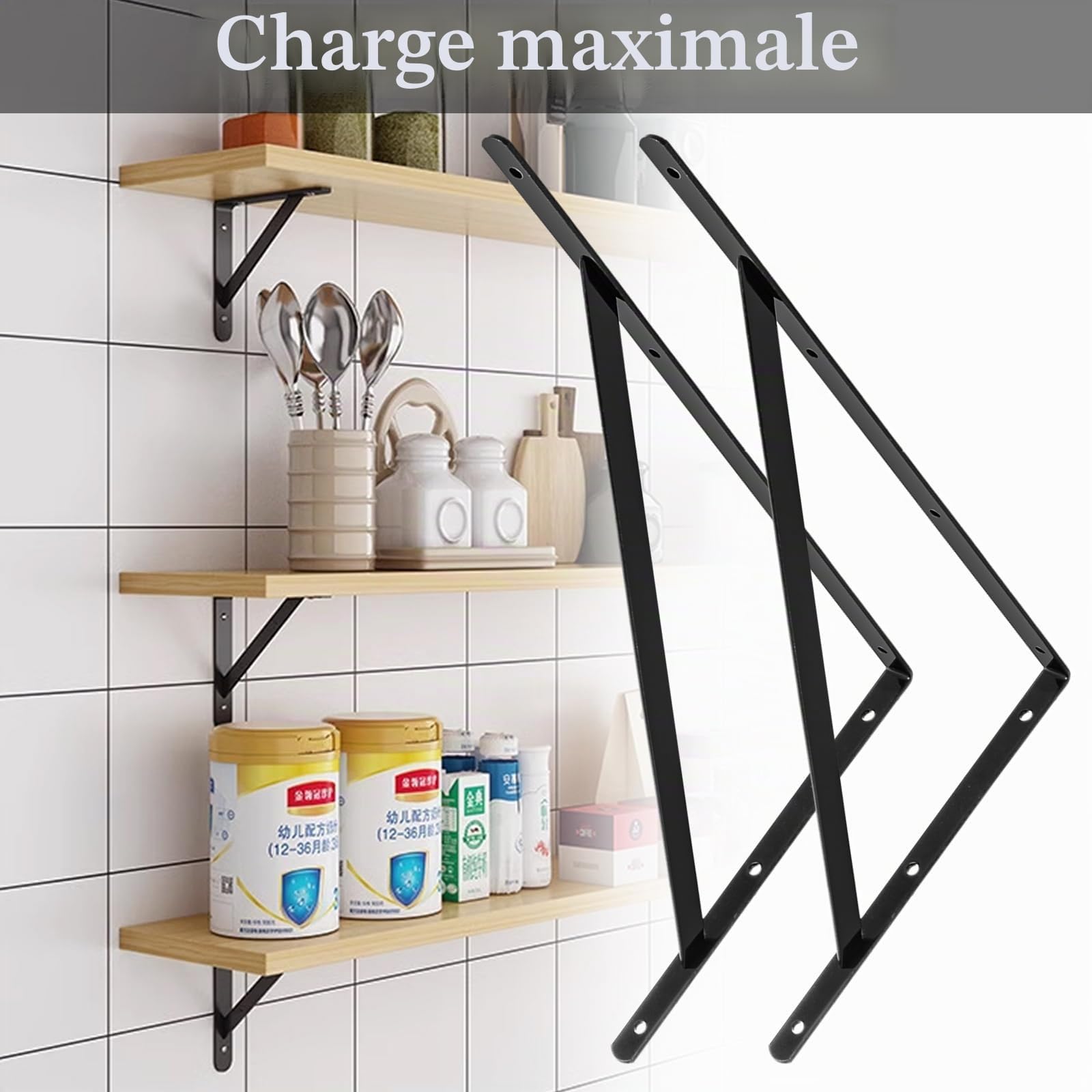 Lot de 12 supports d'étagère - 400 x 250 mm - En métal noir - Équerre pour charge lourde - Pour montage mural, établi, étagère de rangement