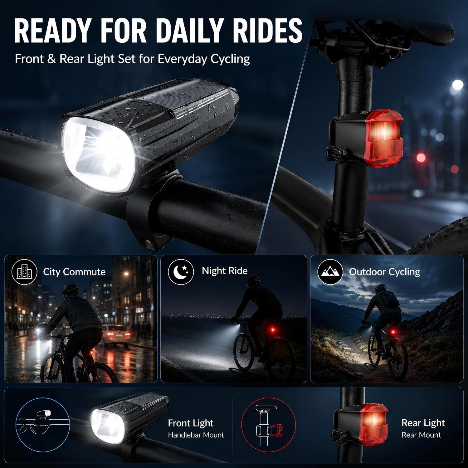 Wiederaufladbare Fahrradbeleuchtung Set, LED Vorne und Hinten Fahrradlichter, USB-C Aufladung, 2400mAh Akku, 3 Helligkeitsmodi, IP44 Wasserdicht, Solarunterstützung für Nachtradfahren