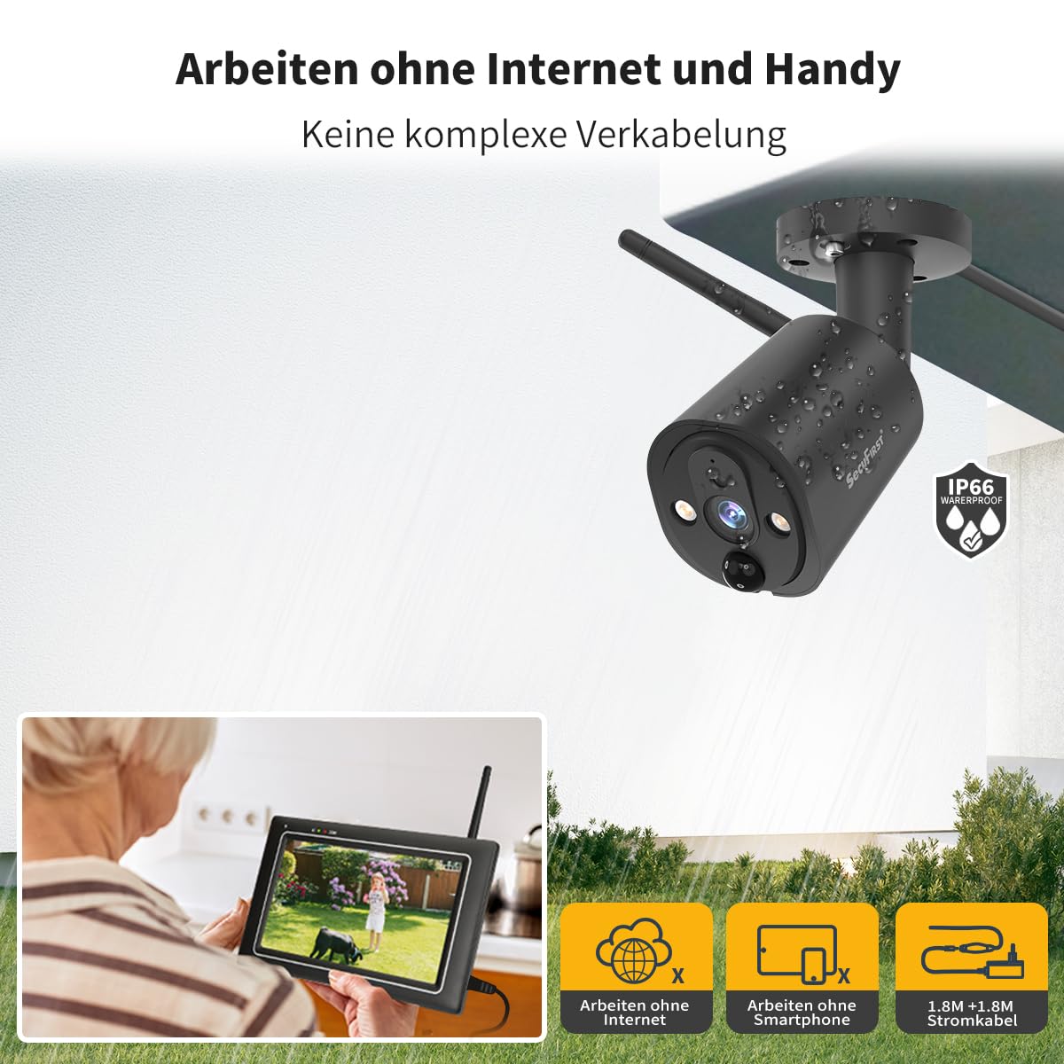 SecuFirst 2K Überwachungskamera Aussen Set mit Monitor,Arbeiten ohne WLAN | 7 Zoll Touchscreen für Innen,Babyphone mit Kameraüberwachung,Outdoor Camera,AI Bewegungsmelder,64GB Speicherkarte,Gegensprech