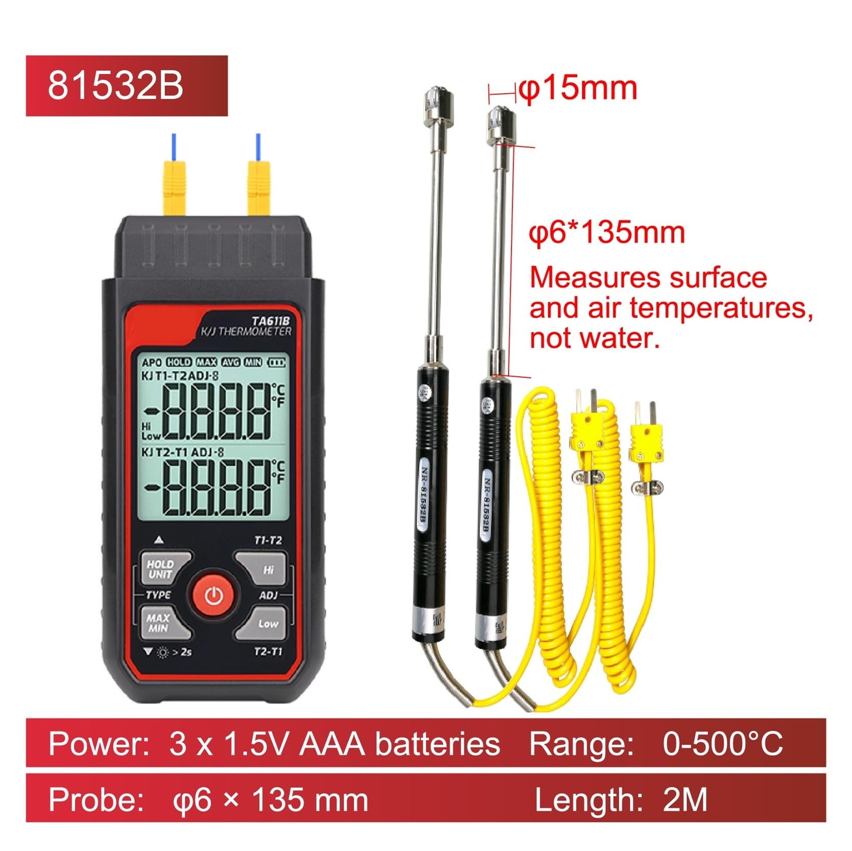 Termometro a termocoppia tipo K a doppio canale TA611B, misuratore di temperatura digitale ad alta precisione for misurazioni di liquidi e supeici,Professionale(81532B)