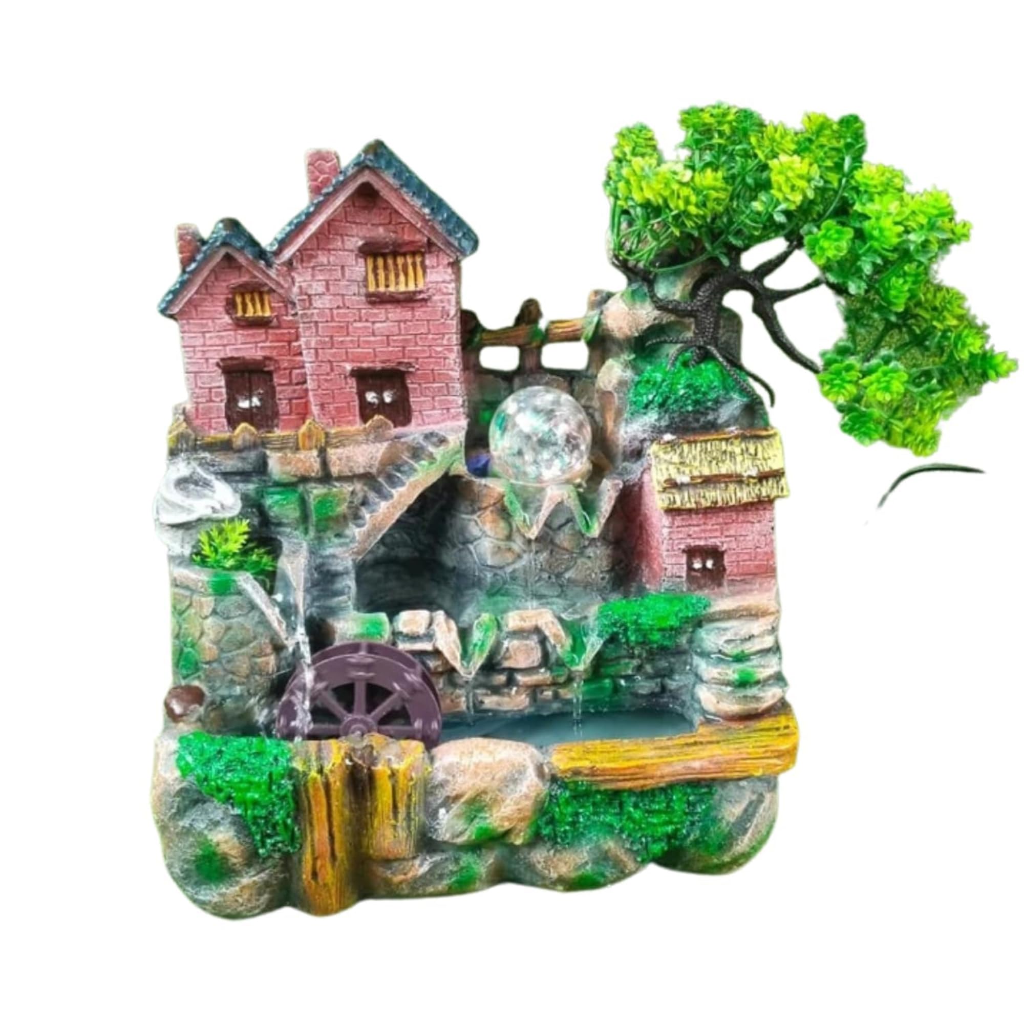 Resin Village House Water Fountain with Waterfall, Rotating Water Wheel, Crystal Ball & Artificial Tree | Indoor Tabletop Decorative Fountain for Home & Office Decor-image-33